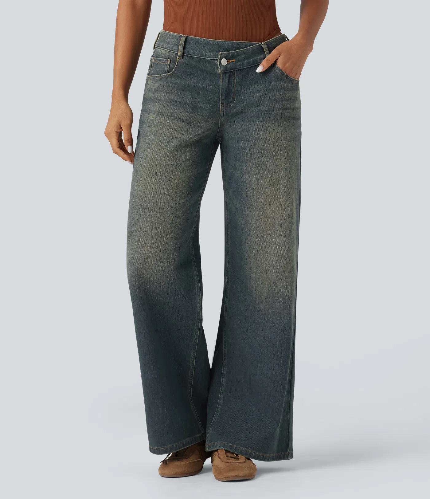 Asymmetric Low Rise Zipper Pockets Baggy Wide Leg Washed Casual Jeans