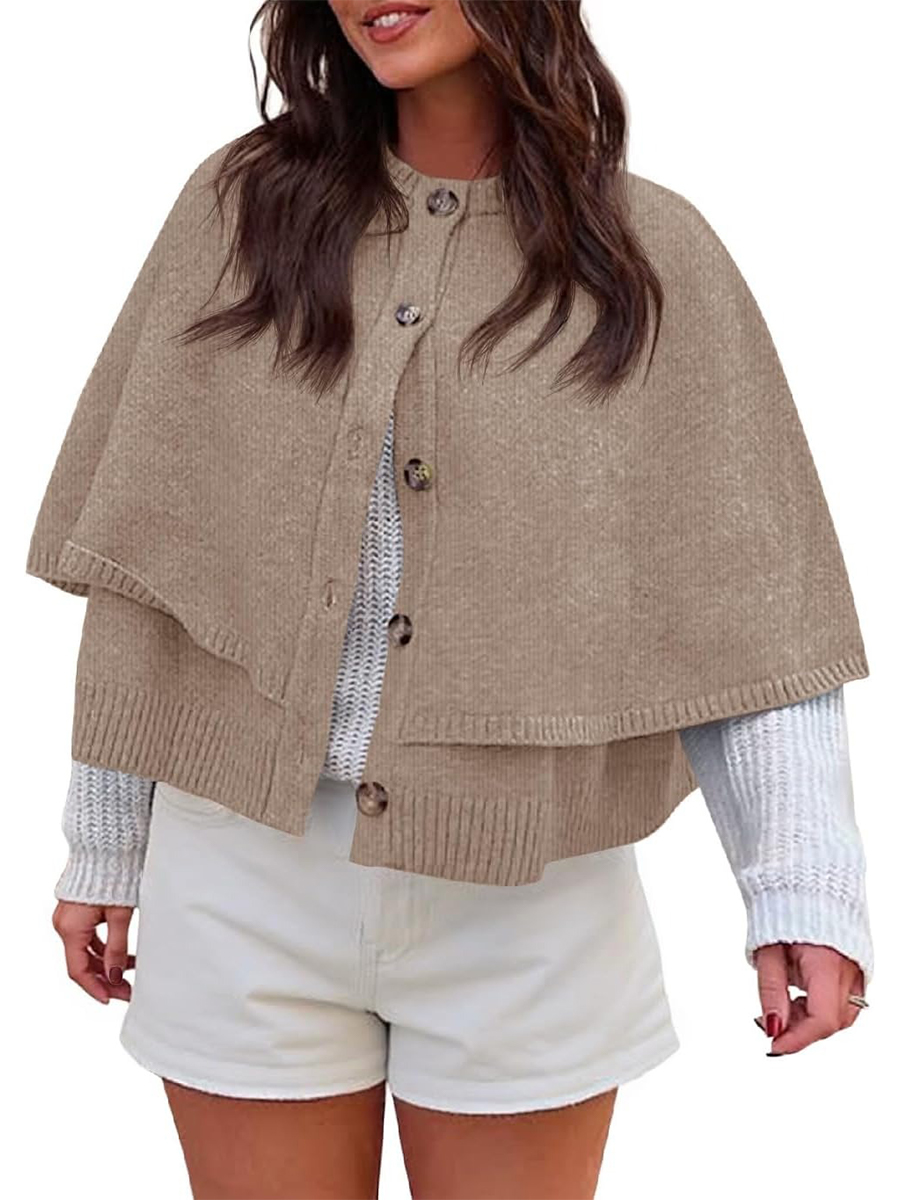 Women's Button Up Crew Neck Knit Knit Cape Cardigan Sweater