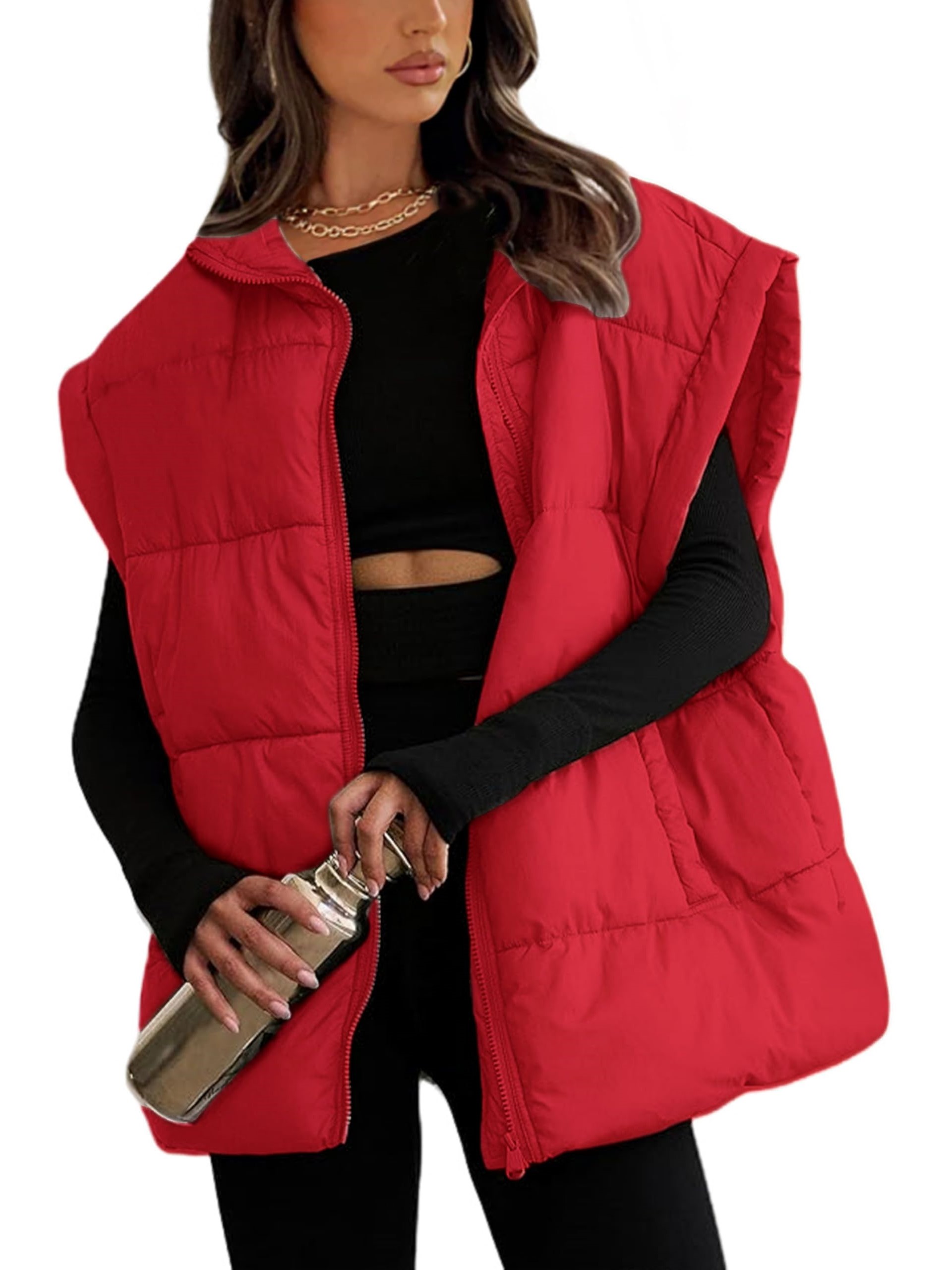 Women's Oversized Stand Collar Puffer Vest Lightweight with Pockets