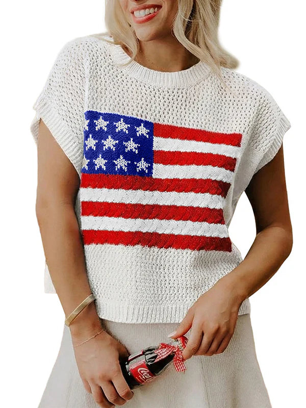 Flag Graphic Short Sleeve Hollow Out Top