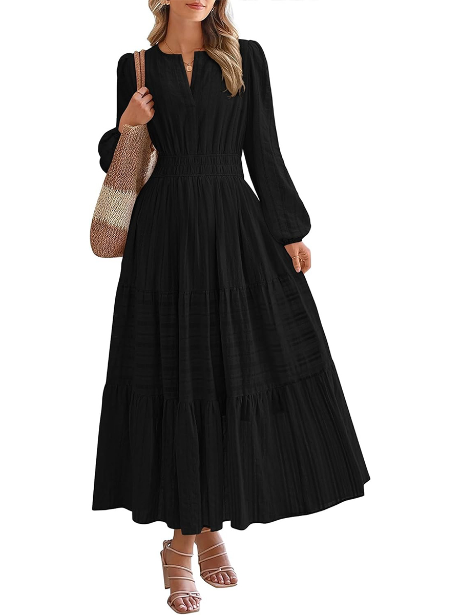 Women's Casual Long Sleeve V Neck Elastic Waist Lightweight Maxi Dress