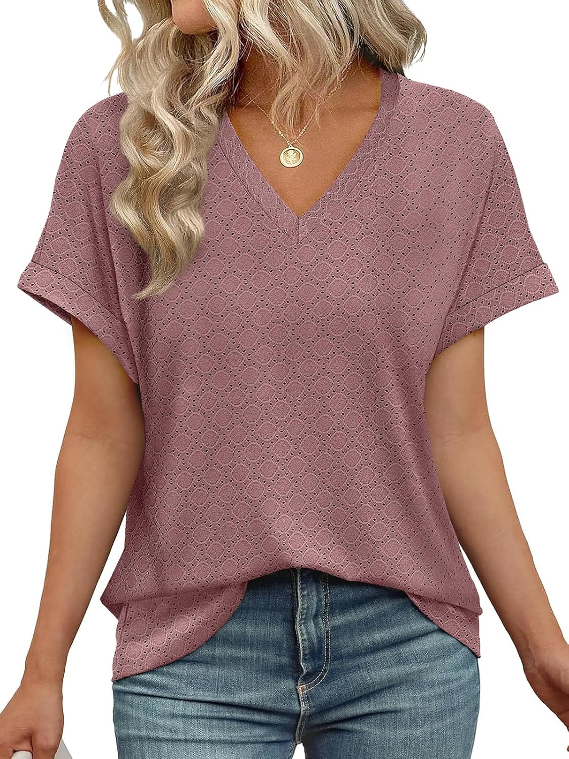 Women's V Neck Eyelet Dressy Casual Basic Short Sleeve Tees