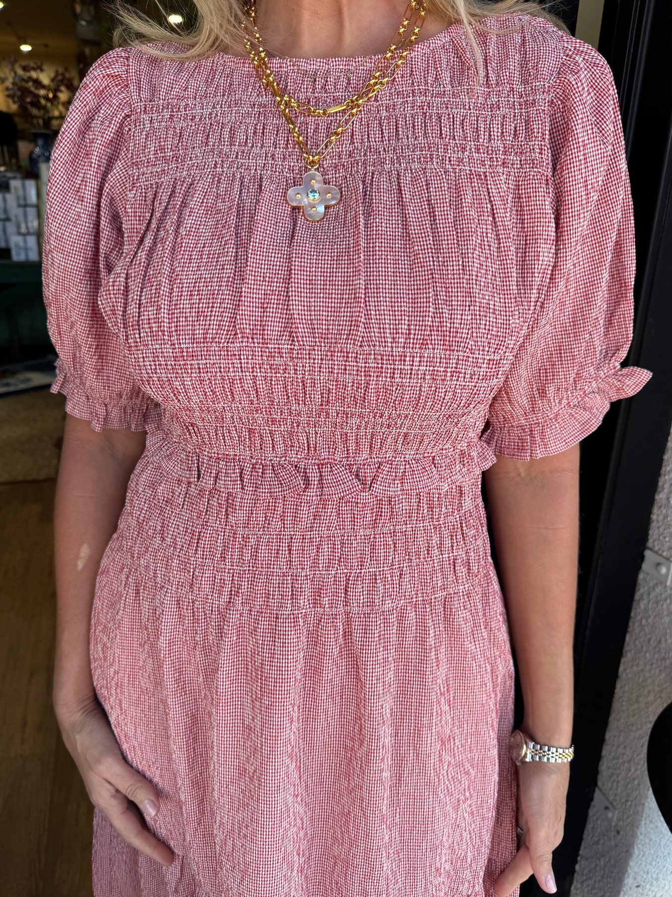 Women's Gingham Short Sleeve Ruffled Smocked Dress