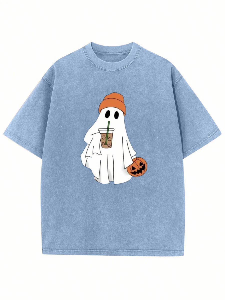 Vintage Halloween Cute Pumpkin And Ghost Print Washed T-Shirt 