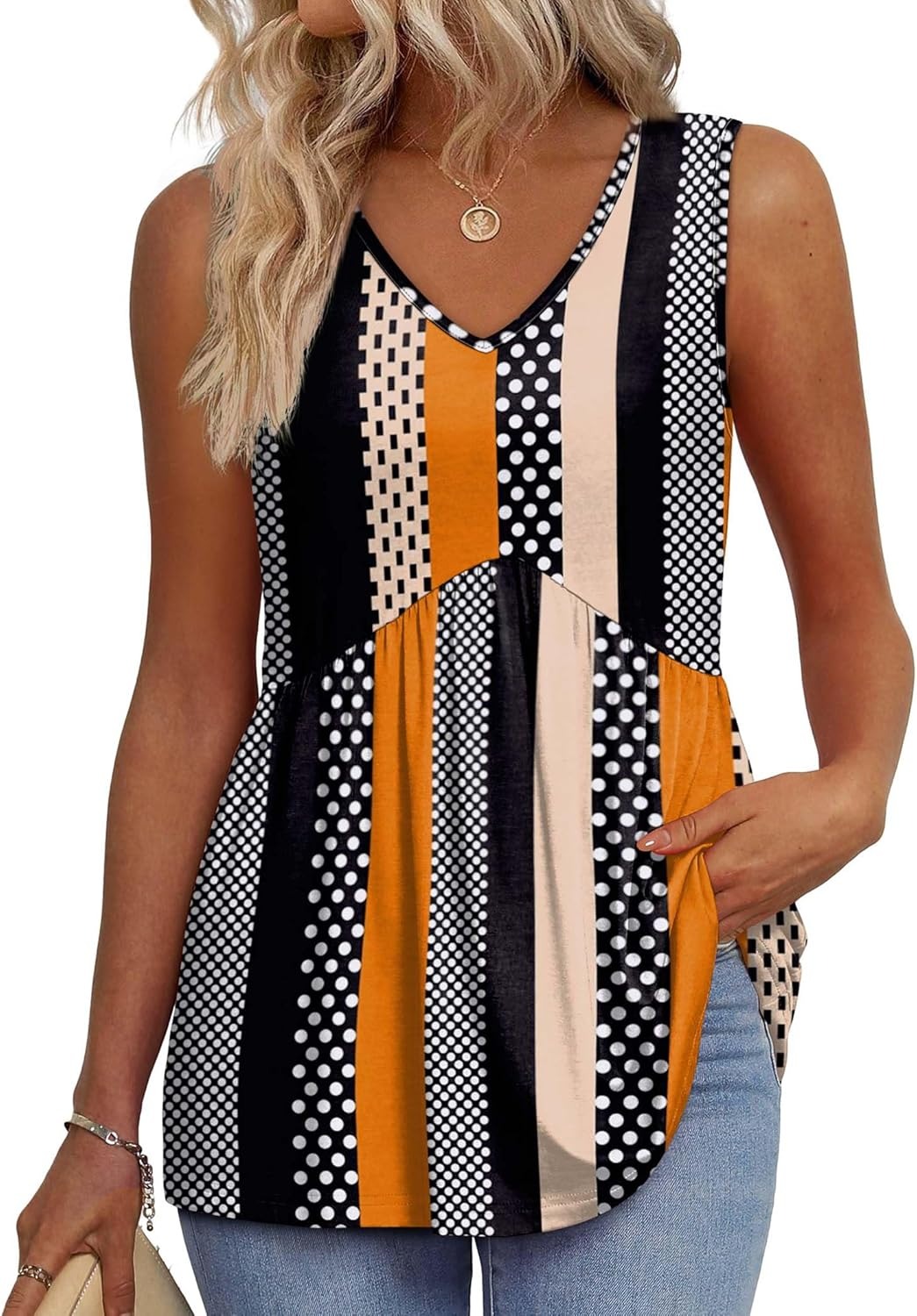 Women's Print Flowy Sleeveless V Neck Peplum Tank Tops