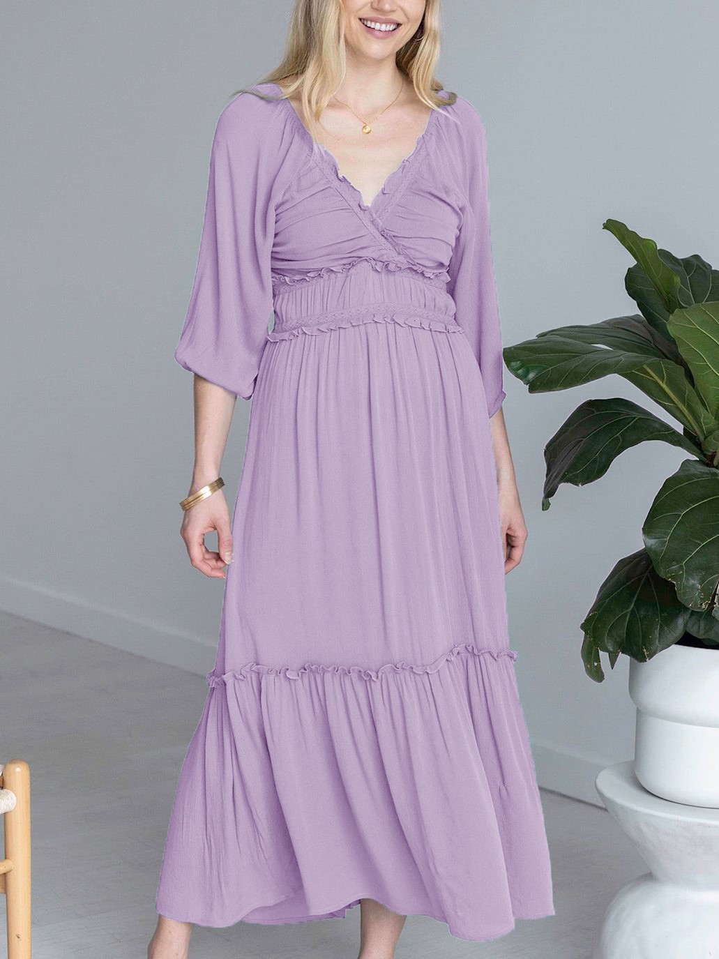 V-neck Smocked Ruffled Tiered Dress