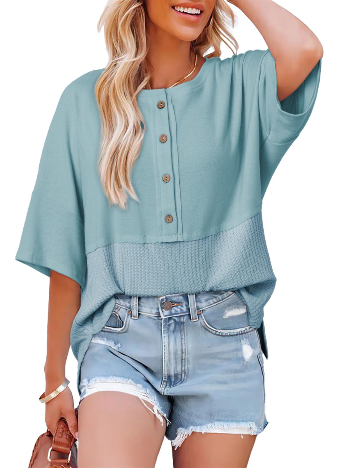 2025 New Women's 3/4 Sleeve Casual Button Down Waffle Knit Tops(buy 3 free shipping)