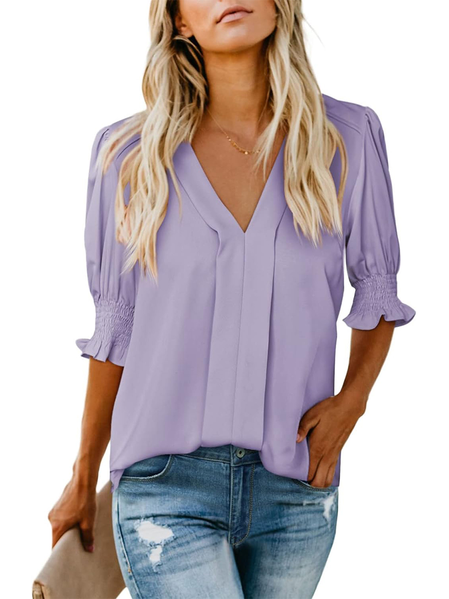 Women's Dressy Casual V Neck  Puff Ruffle Short Sleeve Shirt Tops