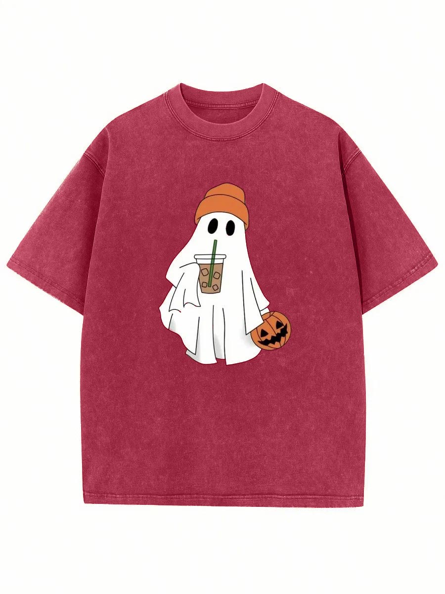 Vintage Halloween Cute Pumpkin And Ghost Print Washed T-Shirt 