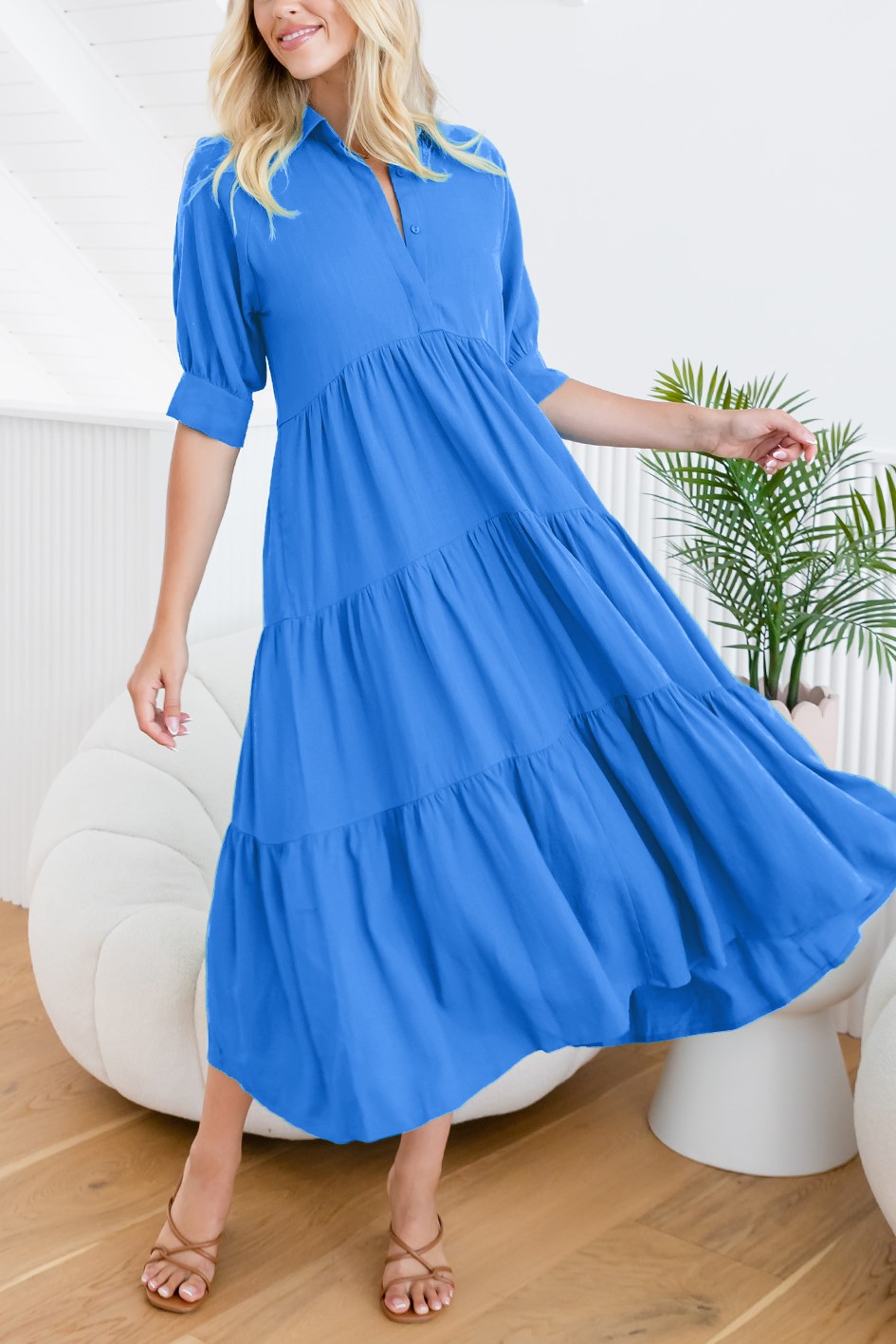 HOT SALE Mid-sleeved Shirt Tiered Maxi Dress