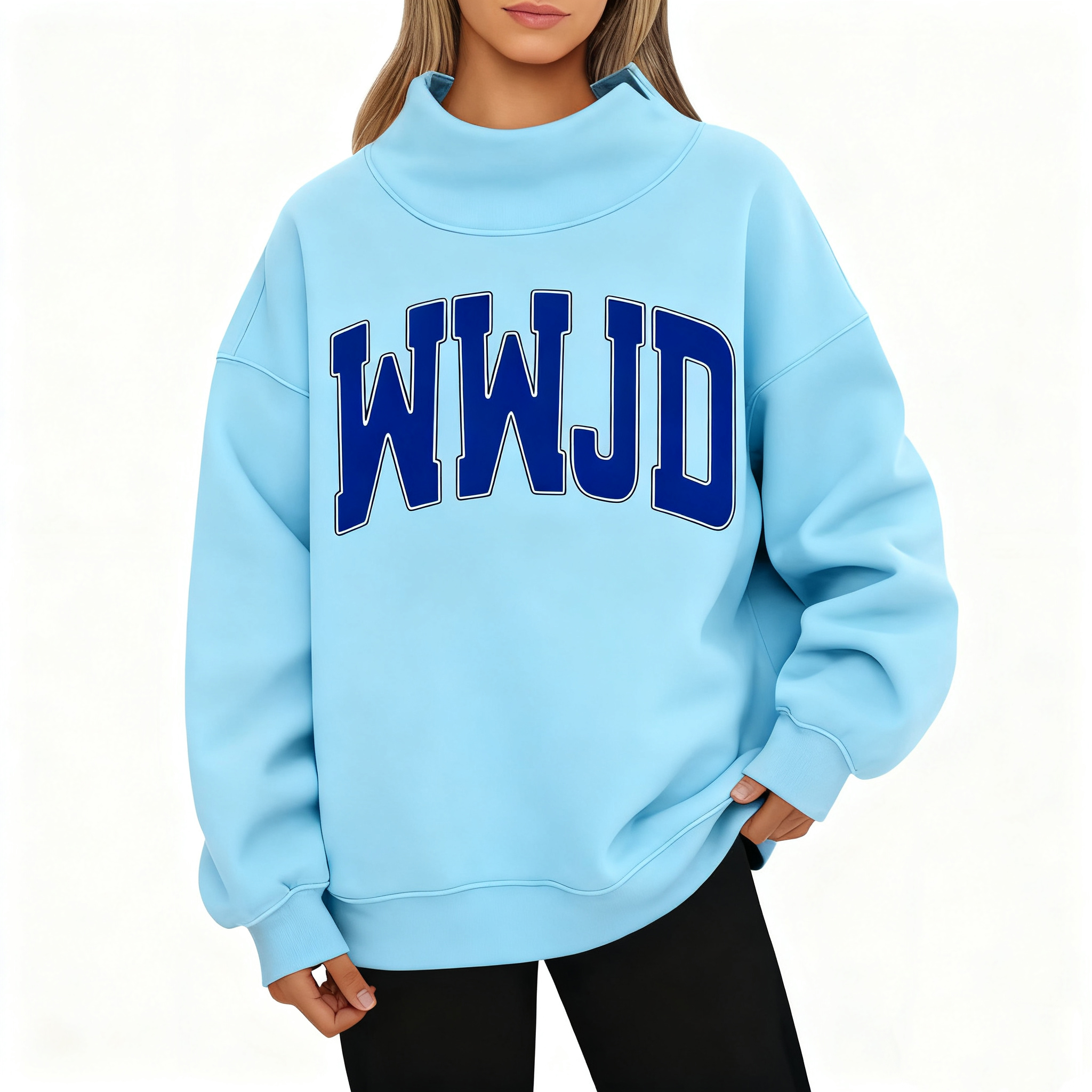 Cozy Mock Neck "WWJD" Printed Sweatshirt