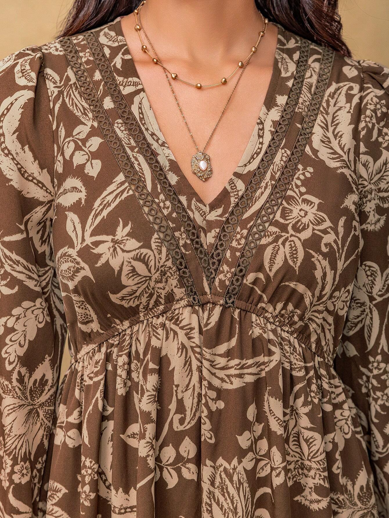 Women's Bohemian Floral V-Neck Long Sleeve Maxi Dress