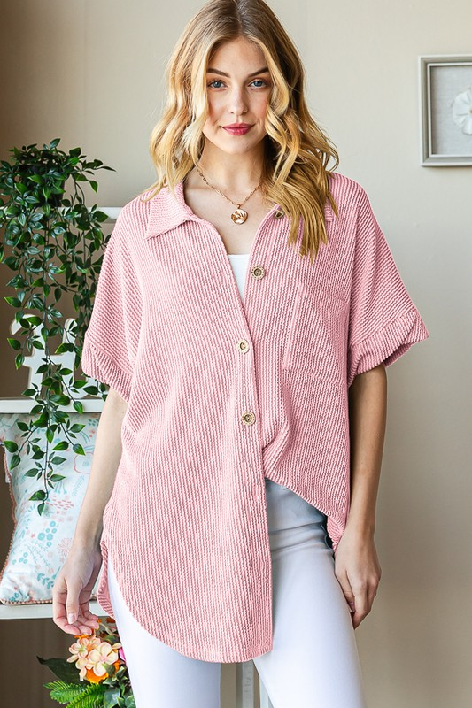 Ribbed Button Down Pocket Shirt Top 