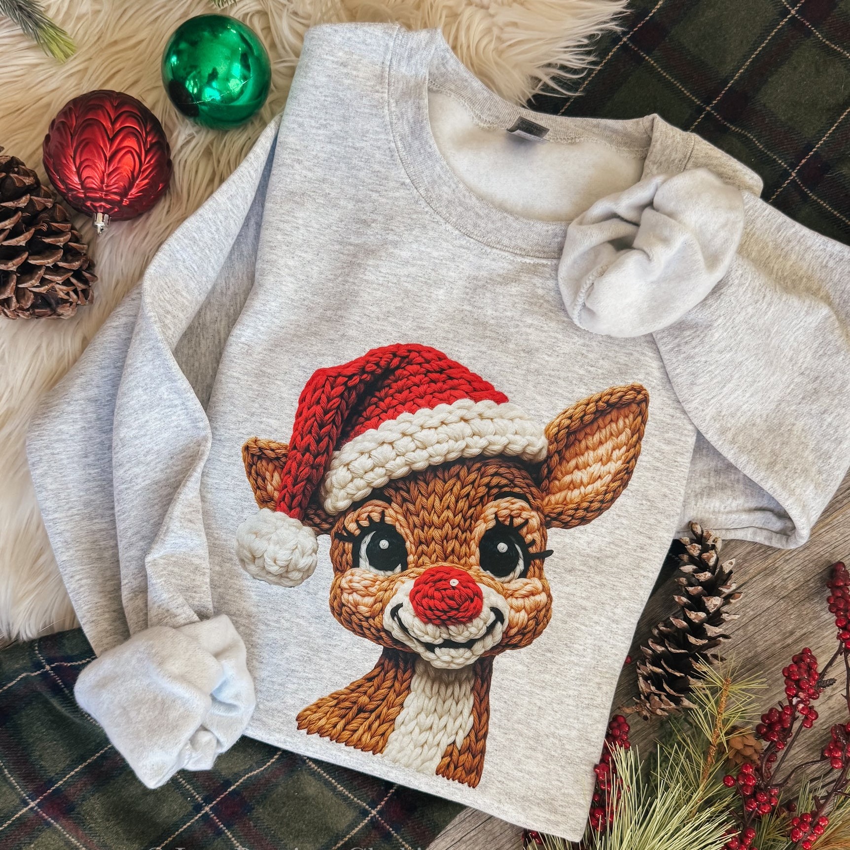 Red-Nosed Reindeer Santa Hat Print Christmas Sweatshirt