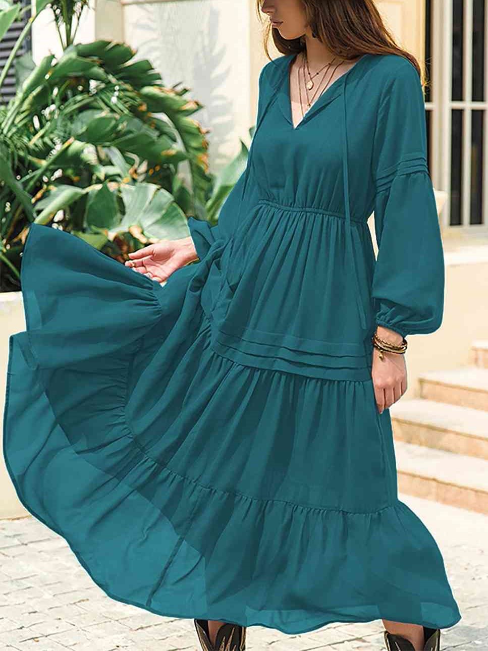 Women‘s Flowy Lantern Sleeve Ruffle Hem Tiered Midi Dress