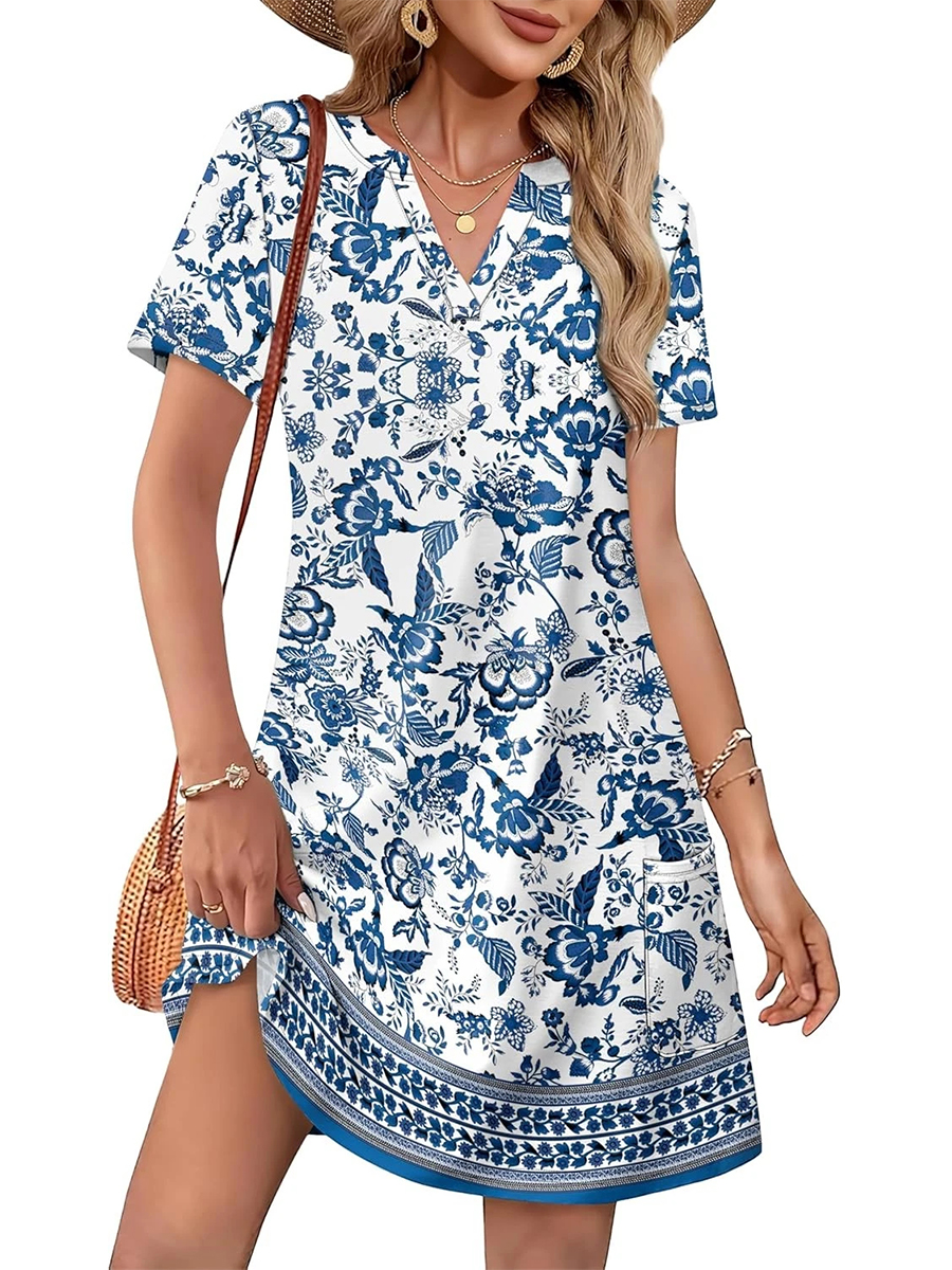 Women's Casual Printed V Neck Short Sleeve Pocket Midi Dress