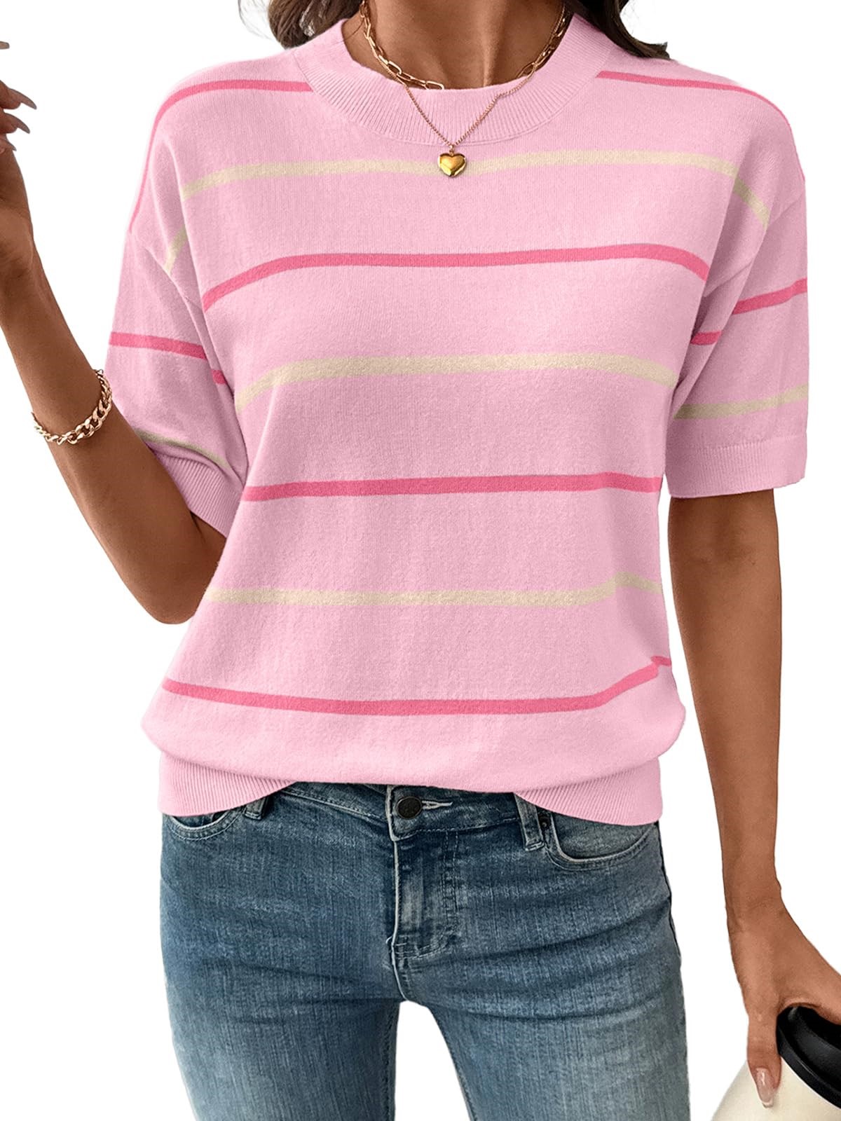 Women's Knitted Striped Crewneck Short Sleeve Sweater