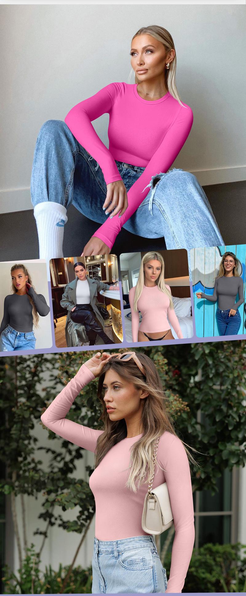 Product Introduction of OQQ Womens 2 Piece Long Sleeve Tee Shirts Tops Crew Neck Stretch Fitted Underscrubs Layer Tops Womenswear Underwear 10