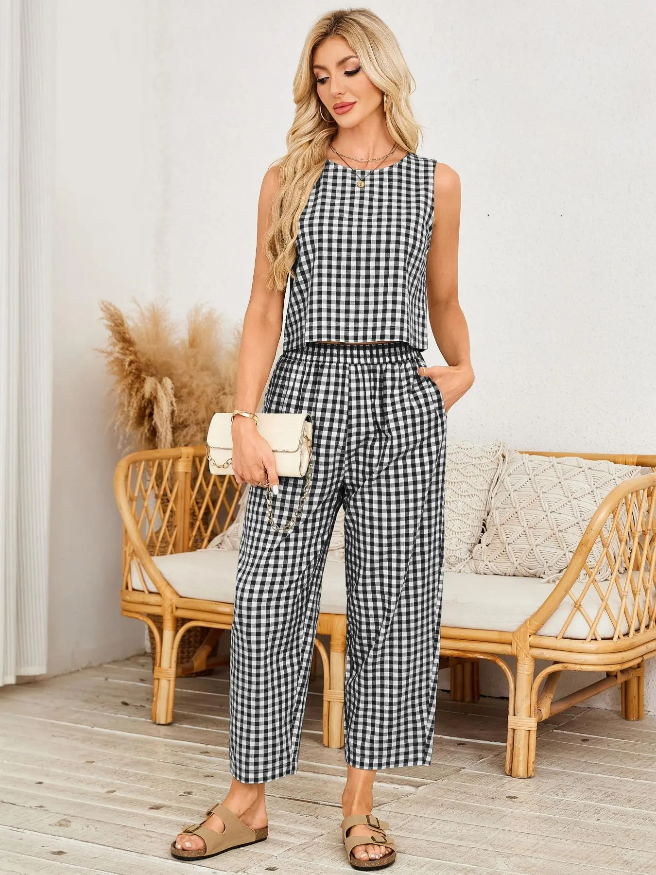 Women's Gingham Sleeveless Tank Top & Barrel Pants Set (BUY 2 FREE SHIPPING)