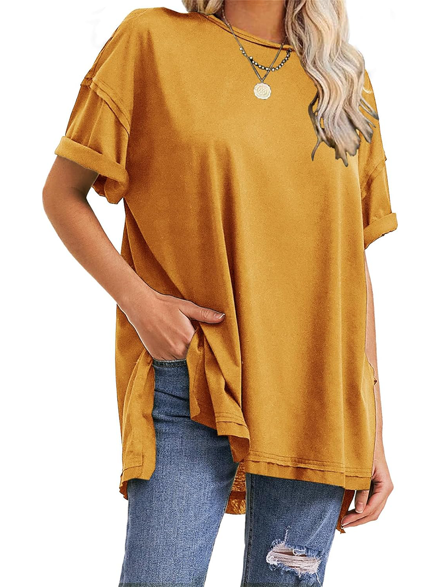 HOT SALE Oversized Crewneck Loose Side Slit Plus T-shirts 