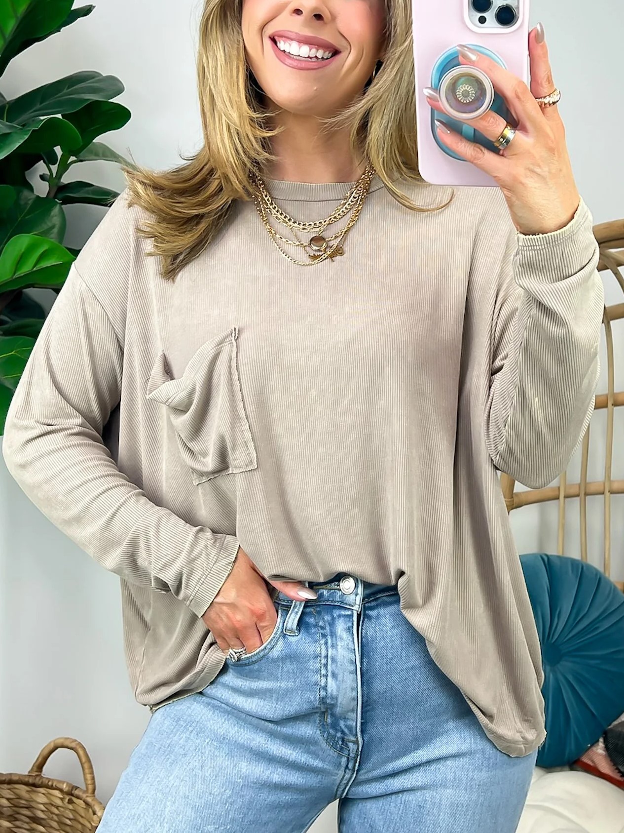 Washed Dolman Sleeve Pocket Top 