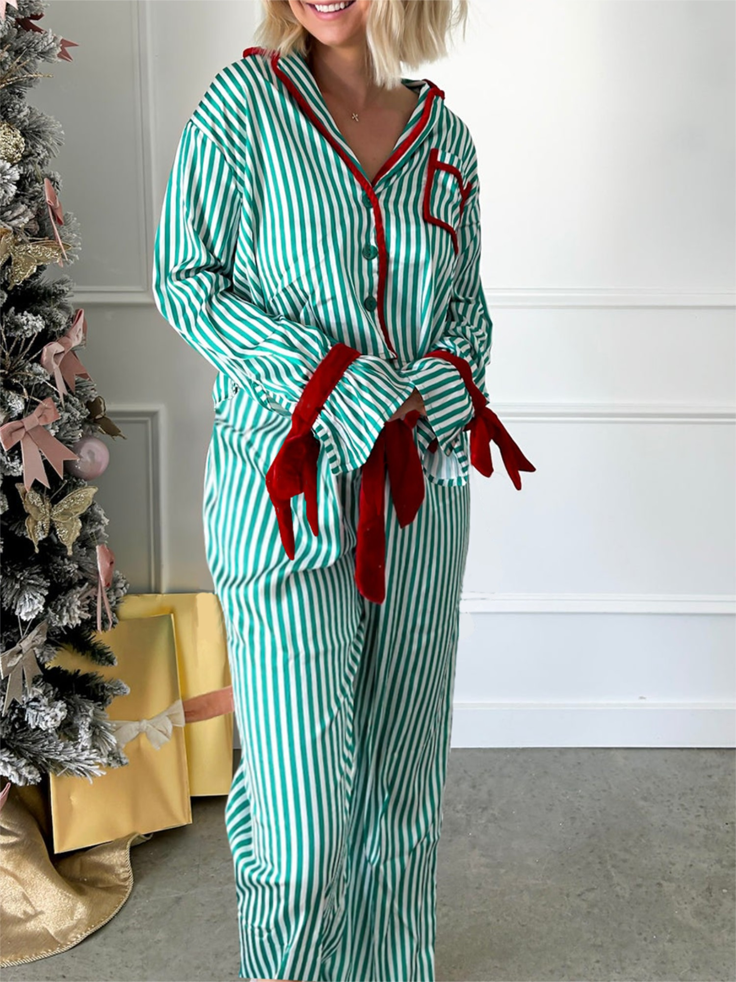 Women's Striped Button-up Crop Tops Bow Long Pants Pajama Set