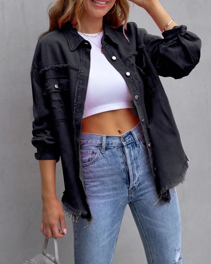 50% OFF🔥Women's Basic Casual Ripped Denim Jacket Long Sleeve (Buy 2 Free Shipping)