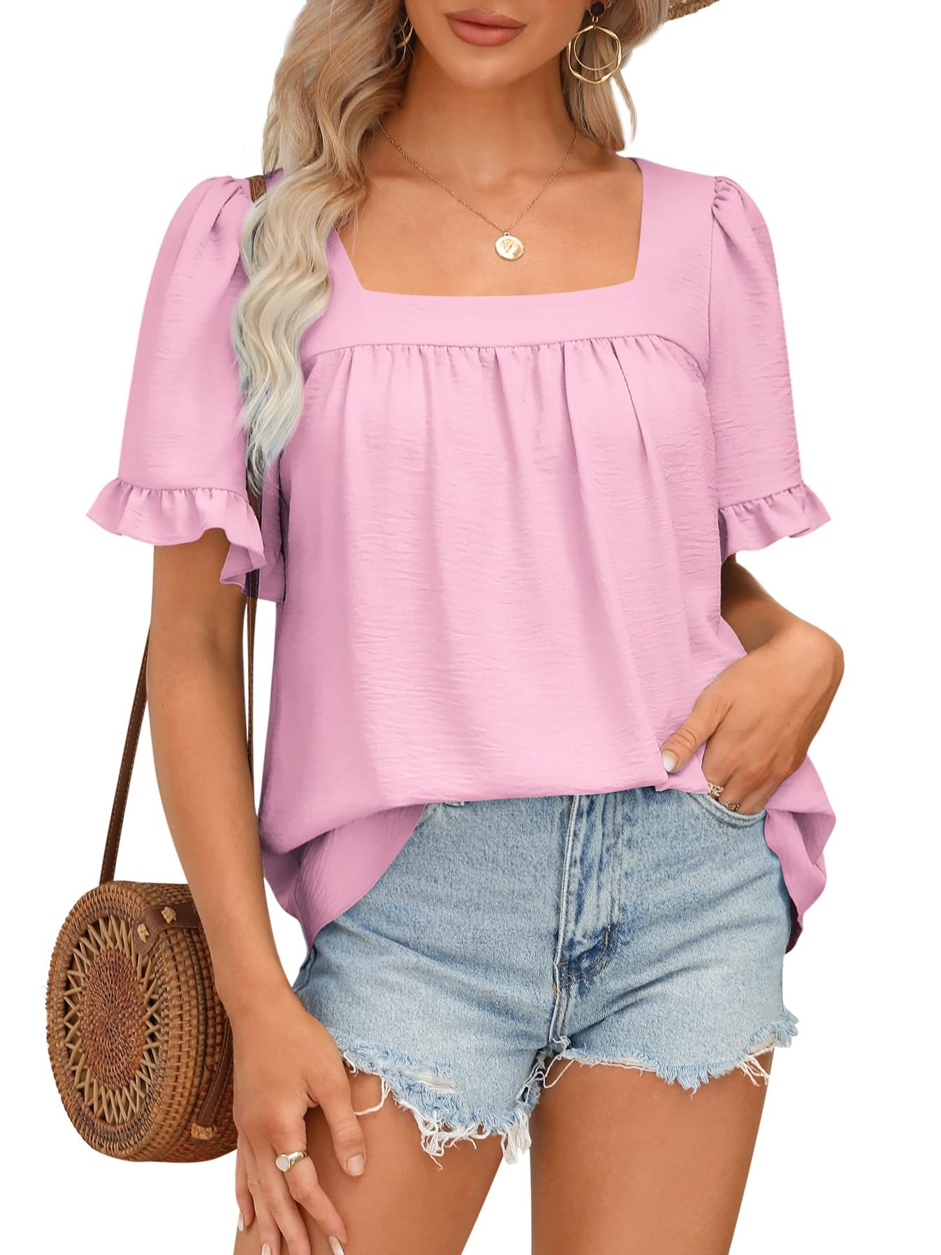 Women's Sqaure Neck Ruffle Sleeve Blouses Peplum Tops