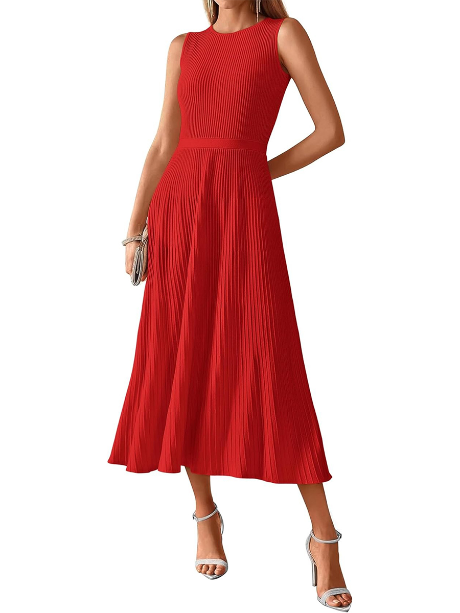Women's Crewneck Ribbed Sleeveless Pleated Swing A Line Tank Dress