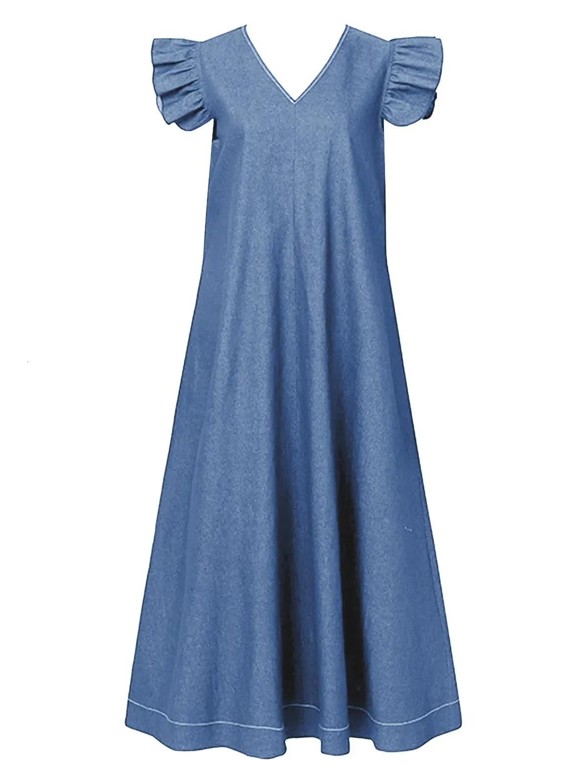 HOT SALE Women's Casual Loose Fit Ruffle Sleeveless V-Neck Denim Maxi Dress