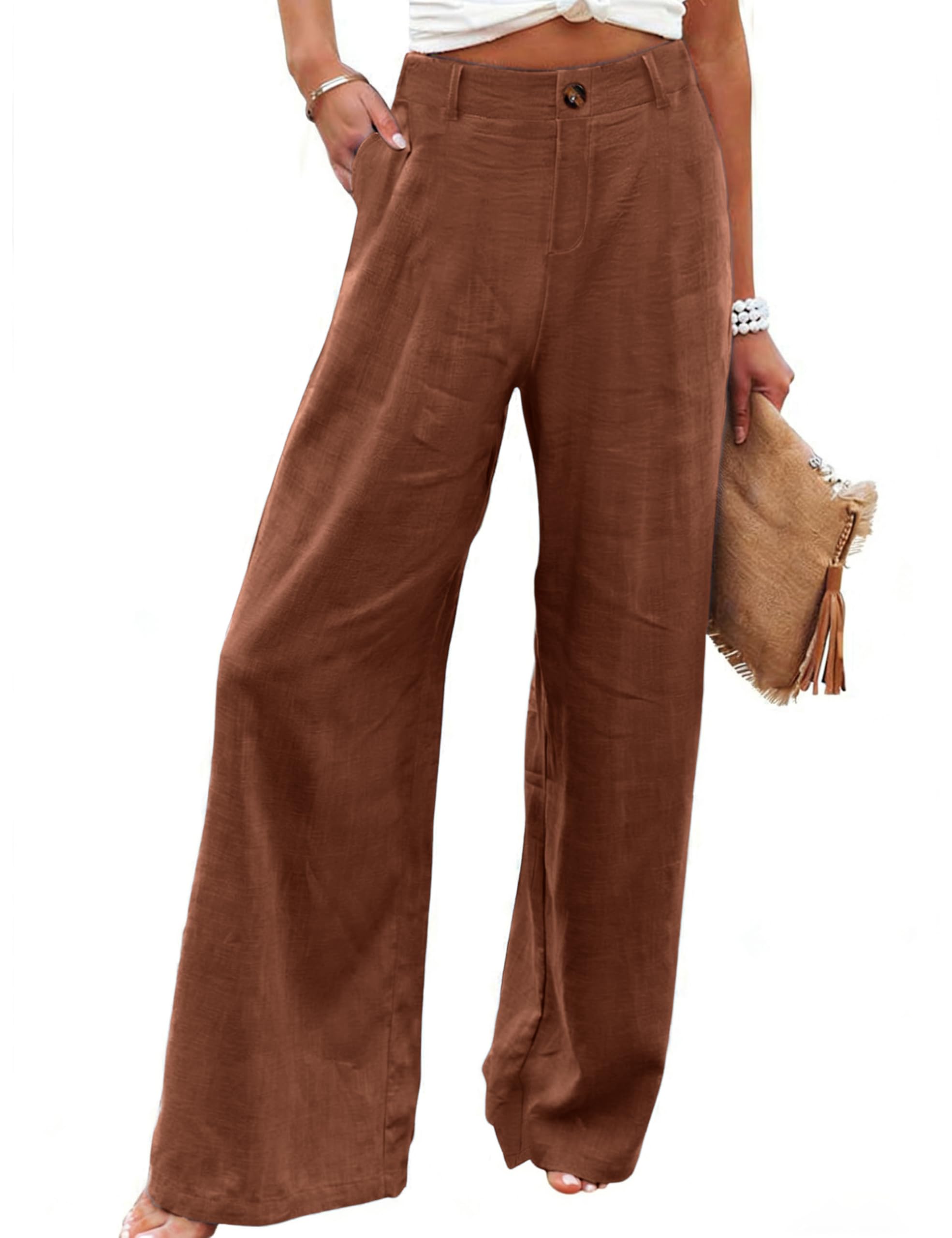 Women's Cotton Linen Casual Button Up Wide Leg Pants