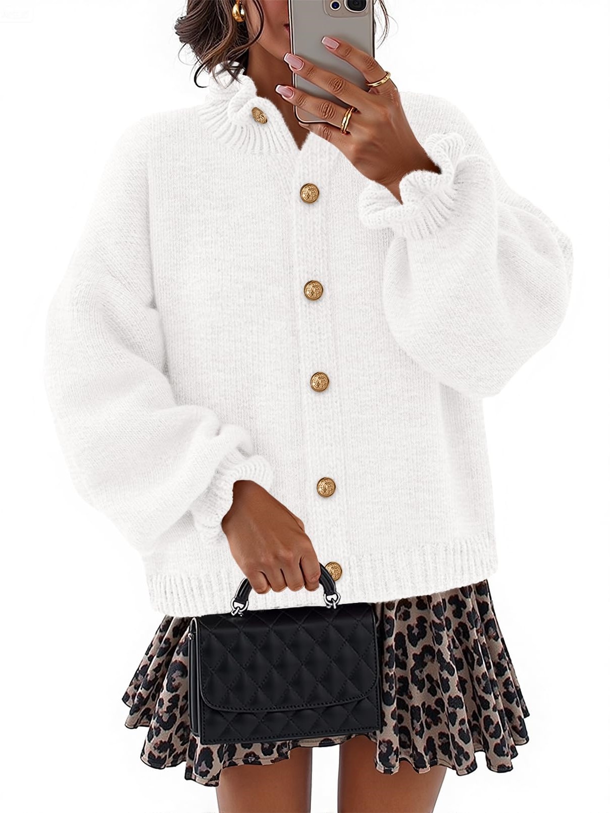 Women's Ruffle Button Down Long Sleeve Chunky Cardigan Sweaters