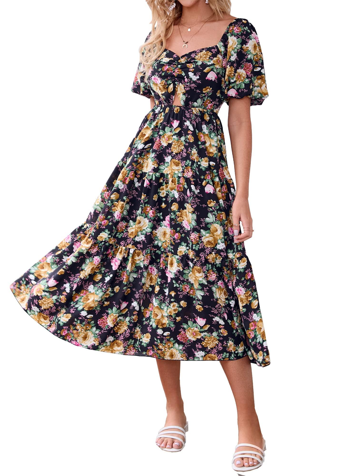 Women's Casual Flowy Square Neck Puff Short Sleeve Boho Floral Long Maxi Dress(BUY 2 FREE SHIPPING)