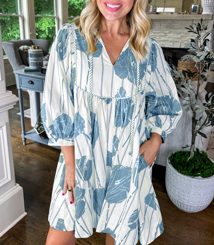 Women's Stripe Print 3/4 Sleeve Mini Dress