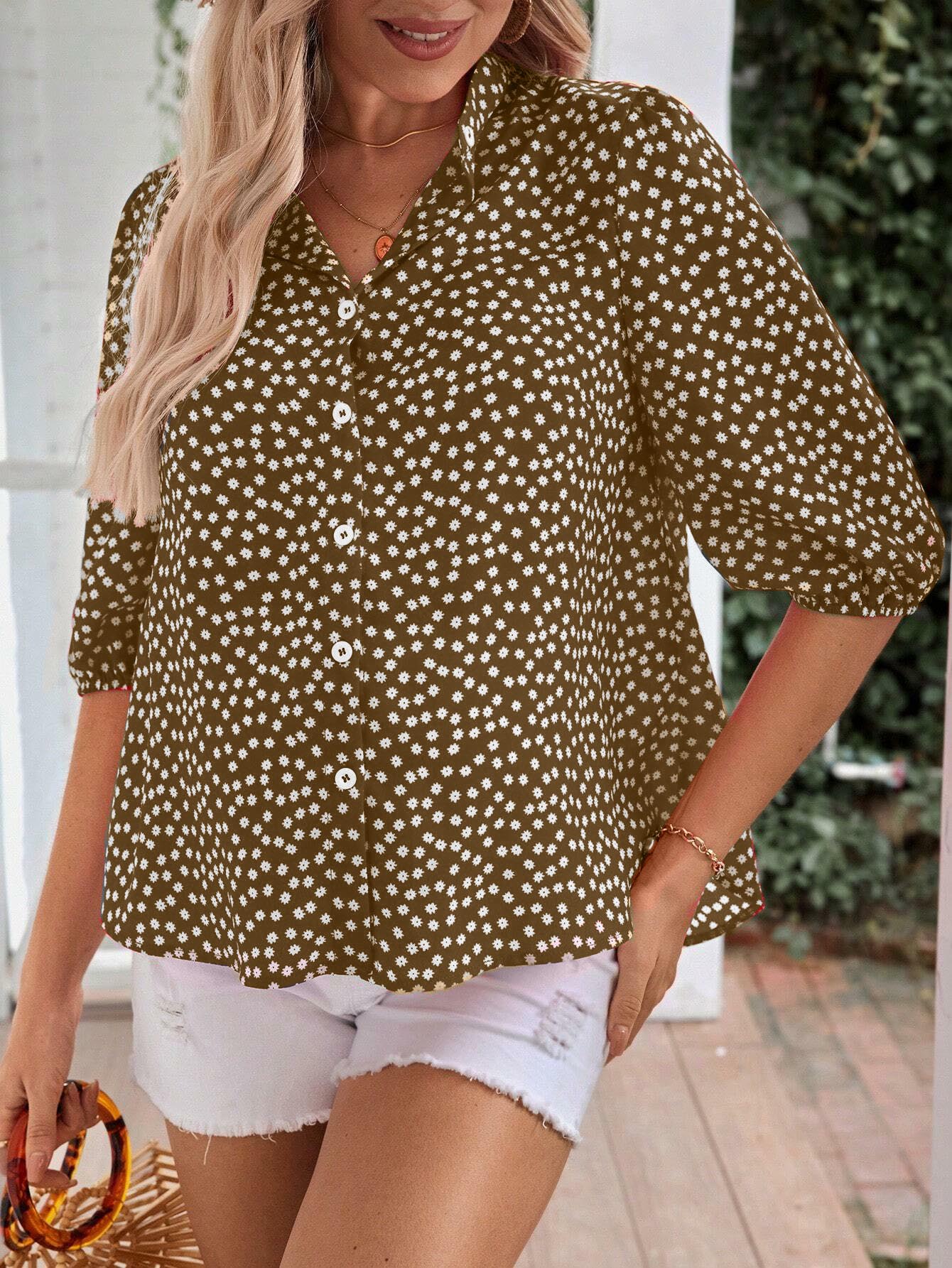 Women's Floral Print Half Sleeve Button Down Shirt Blouse (BUY 2 FREE SHIPPING)