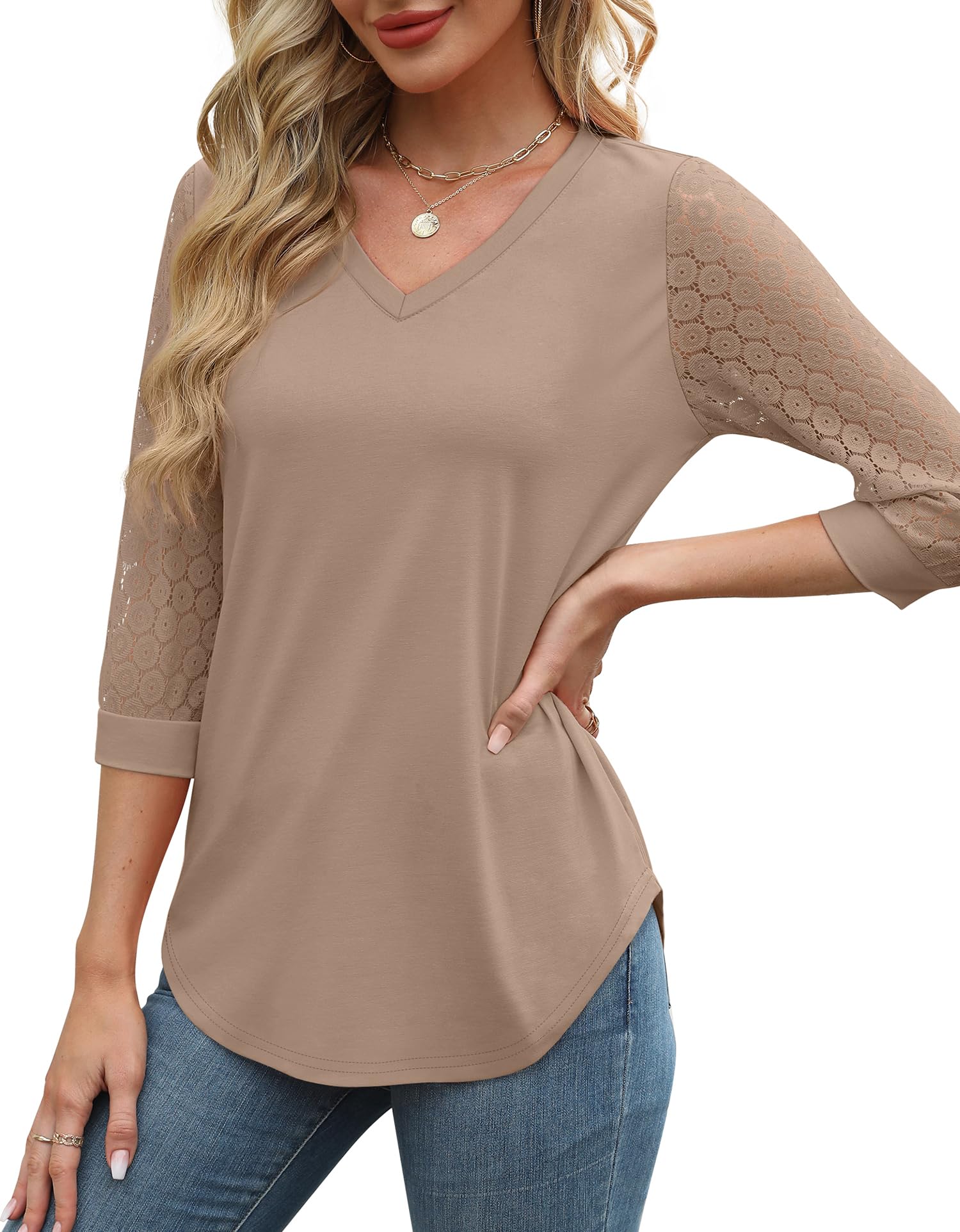 3/4 Length Sleeve Womens Tops V-Neck Lace Tunic Tops Business Casual Blouses (BUY 3 FREE SHIPPING)