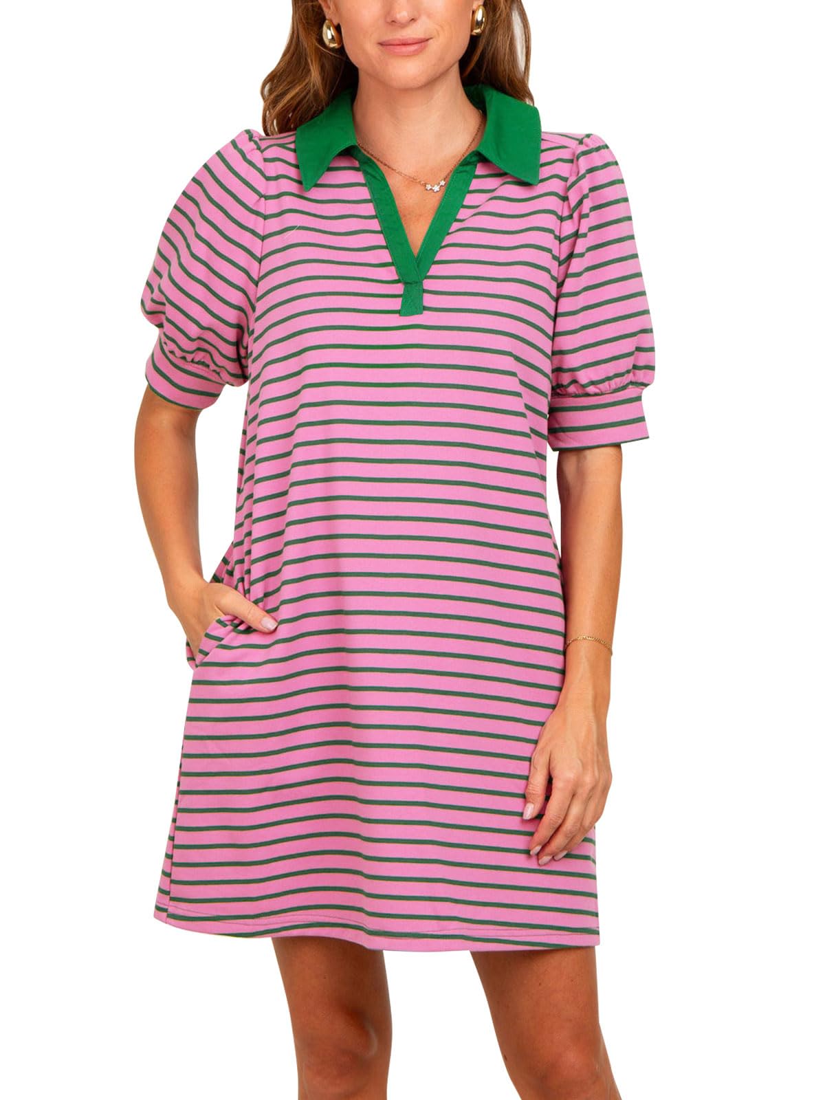 Women's Lapel Collared  Striped Dress Puff Polo Tshirt Dresses with Pockets (BUY 2 FREE SHIPPING!!!)
