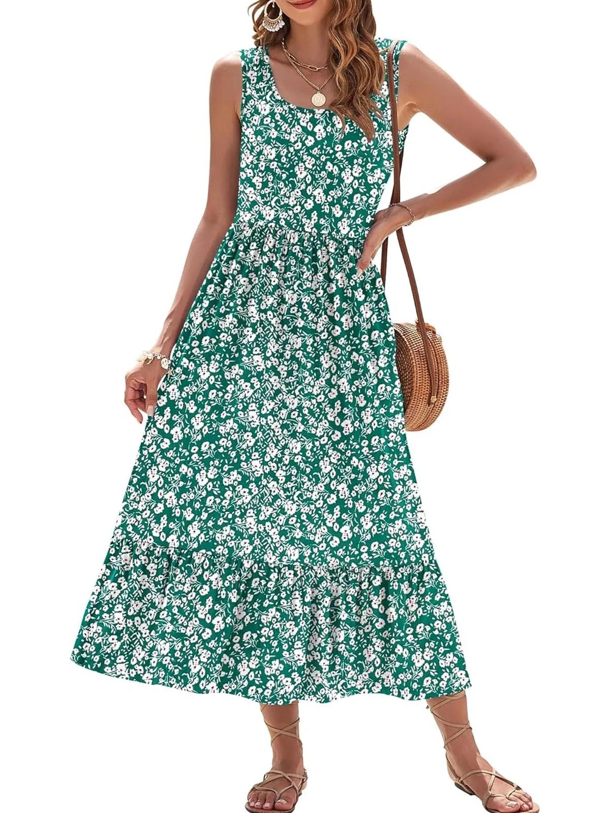 HOT SALE Women's Printed Casual Sleeveless Square Neck Printed Multi-Layer Pocket Dress