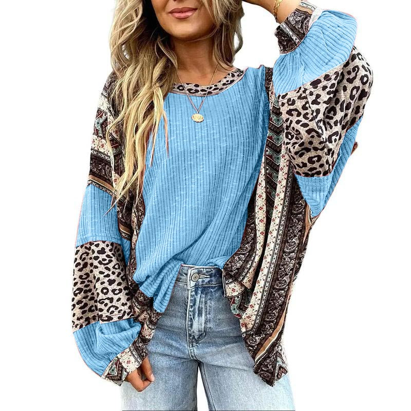 Limited time sale🔥Womens Loose fit Long Sleeve Oversized Retro Leopard Contrast Patchwork Top