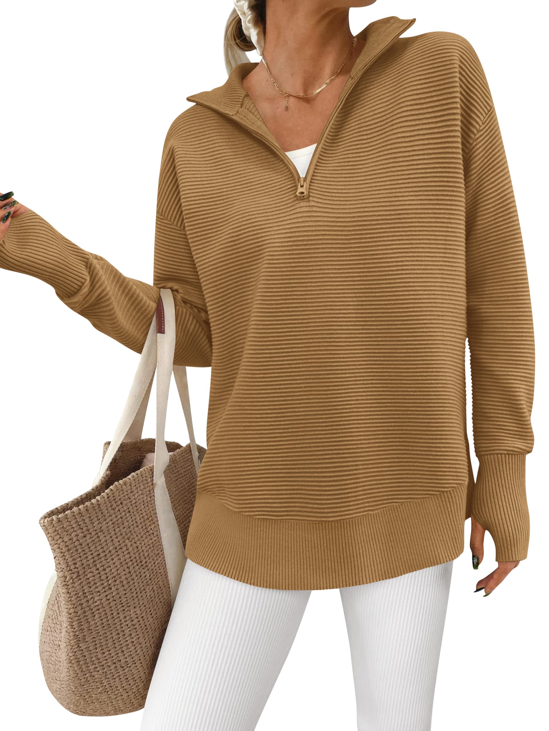 Women's Long Sleeve Quarter Zip Pullover Ribbed Knit Sweater