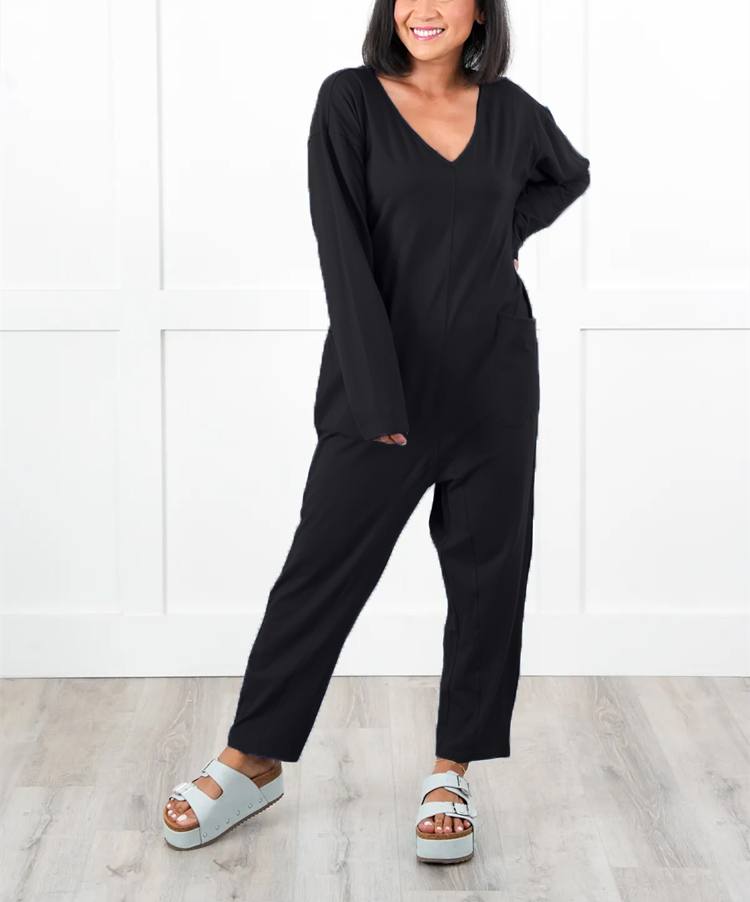 Solid Long Sleeve V Neck Jumpsuit With Patch Pockets (Multiple Colors)