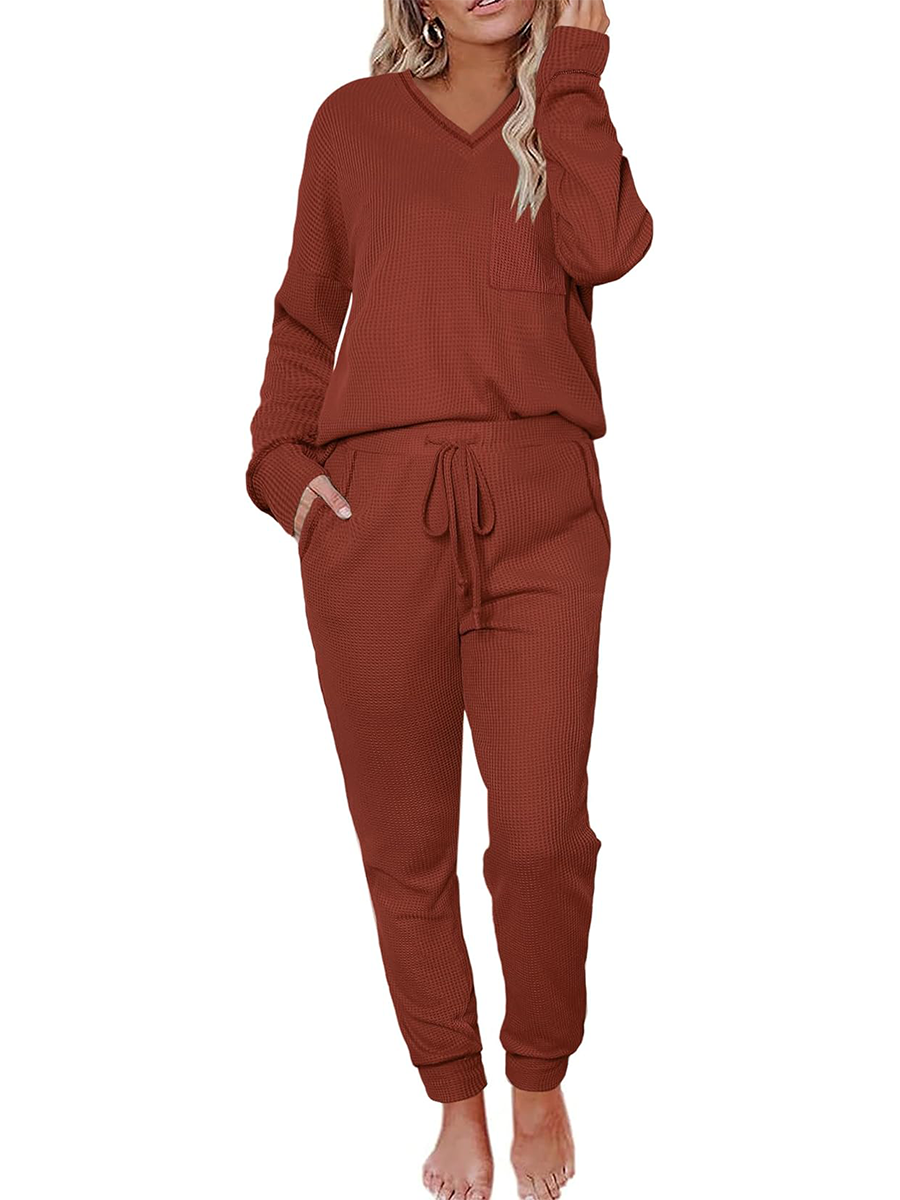 Women's V Neck Waffle Knit Sleepwear Top and Pant Lounge Sets