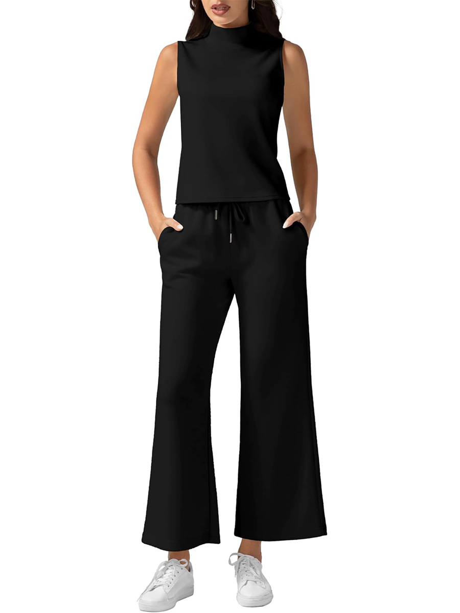Women's Mock Neck Sleeveless Tank Top & Wide Leg Pants 2 Piece Lounge Sets
