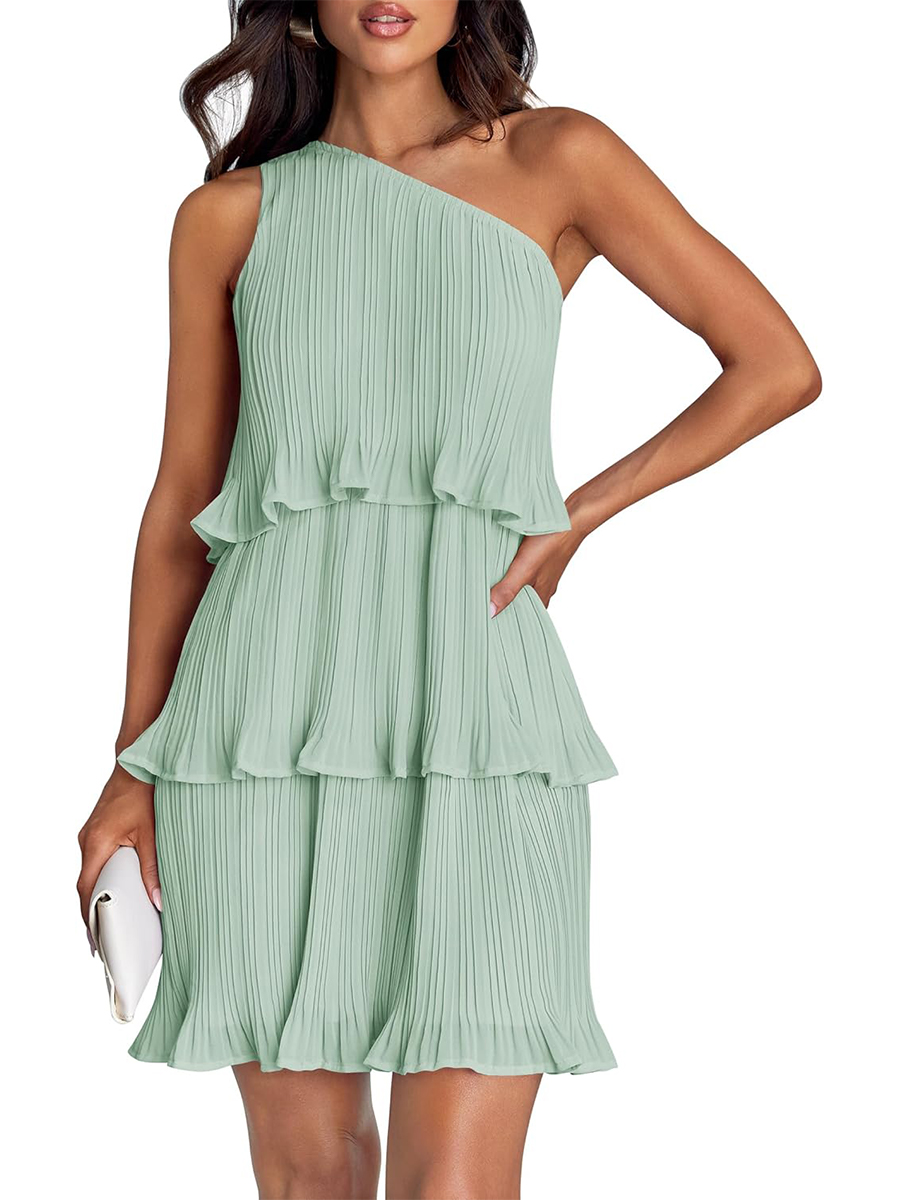 Women's Summer One Shoulder Ruffle Tiered Layered Chiffon Flowy A Line Dress