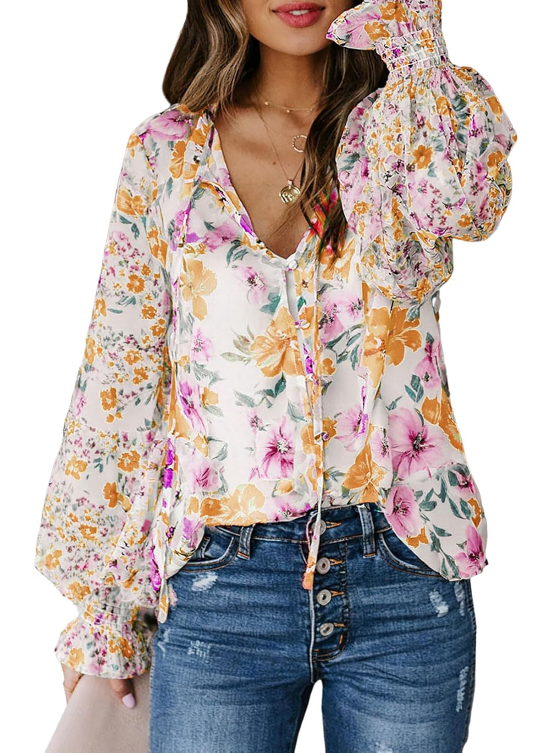 Women's Boho Floral Print V Neck Long Sleeve Drawstring Button Blouses