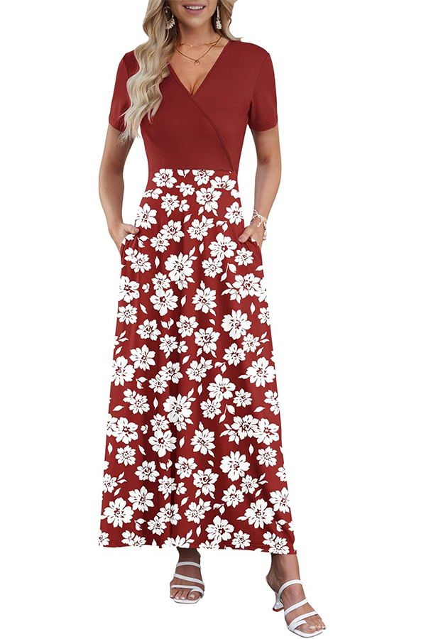 Women's V Neck Floral Print Beach Long Flowy Dress with Pockets