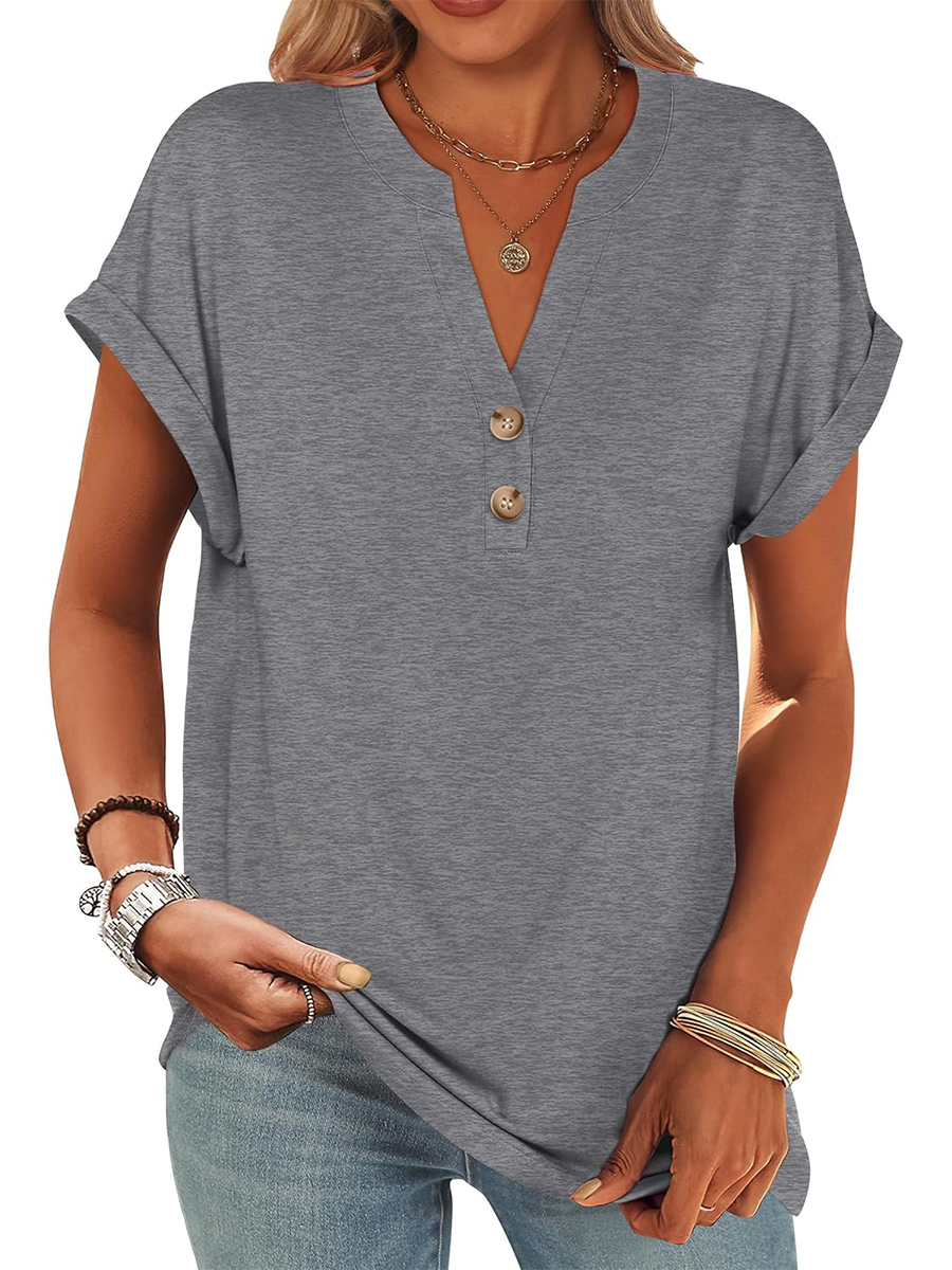 Women's V Neck Button Casual Loose Fit Short Sleeve Shirts Henley Tops
