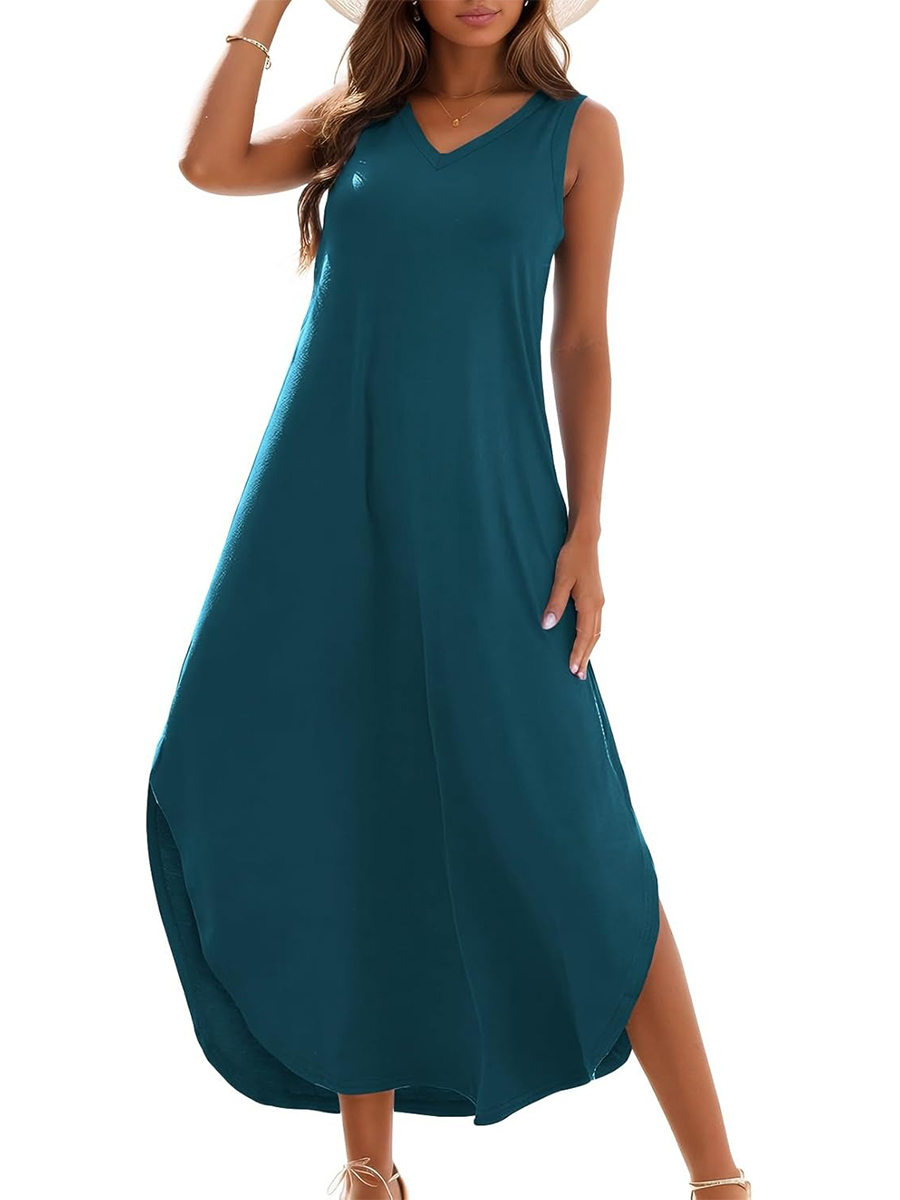 Women's Summer Casual Loose Sleeveless V Neck Split Tank Long Dress with Pockets