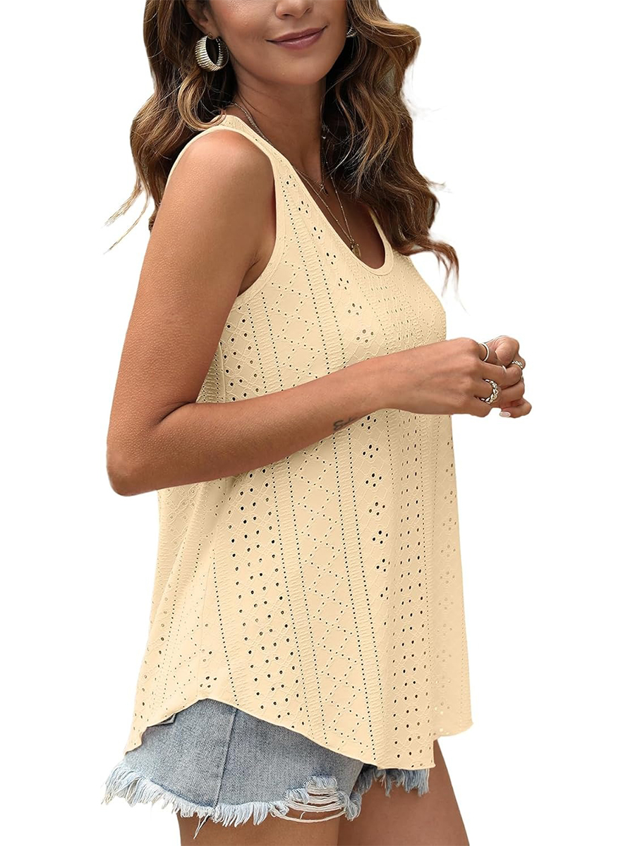 Women's Casual Loose Scoop Neck Wide Strap Eyelet Tank Tops