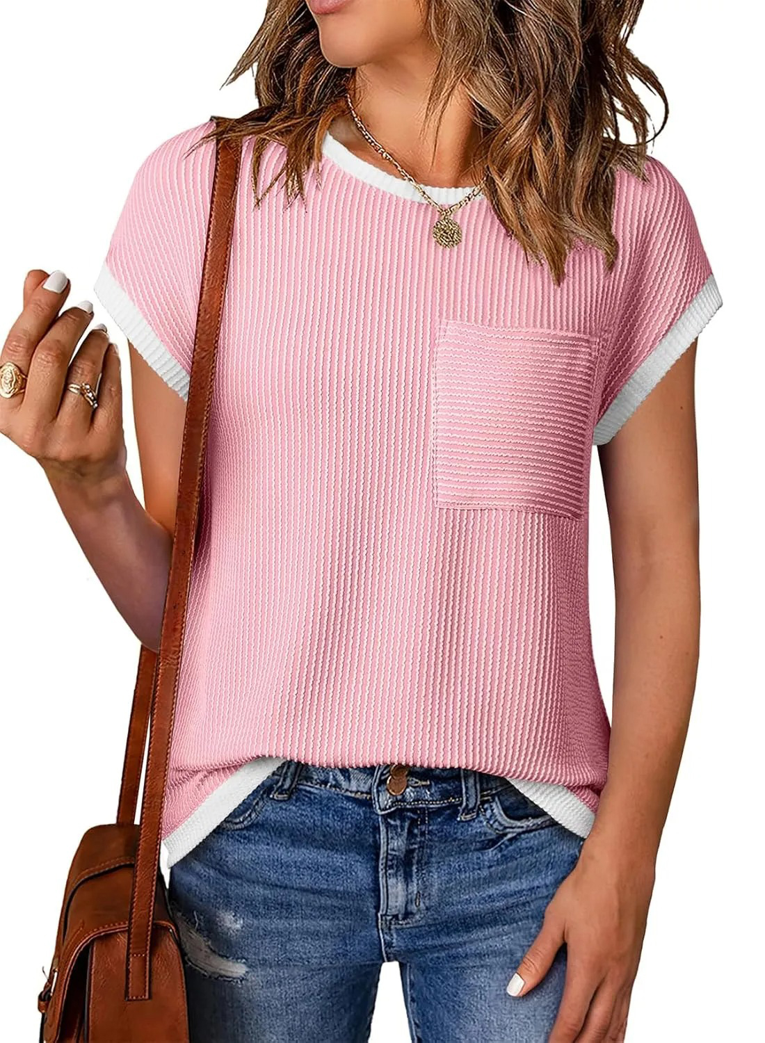 HOT SALE Women's Short Sleeve T Shirts Crewneck Color Block Ribbed Knit Tee